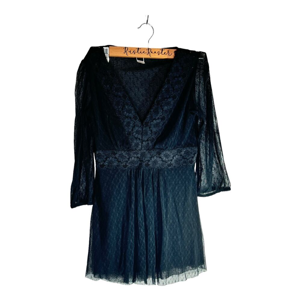 Vintage Black Sheer Mesh and Lace Boho Empire Goth Shirt Top Medium